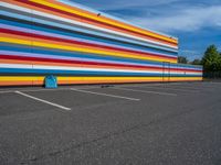 an empty parking lot painted brightly stripes on the wall of the building and sky as well as stones