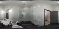 a mirror showing several different angles of an interior bathroom, with one shower, and another tub