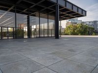 an empty concrete surface with glass walls and an open space in the background with trees in the distance