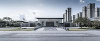 an empty street leads up to the front entrance of a modern office building in china