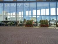 a large building with several potted trees outside the windows of it next to a couple of benches