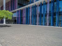 a building with pink glass and purple striped exterior is shown with the brick path on the left