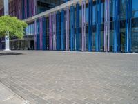 a building with pink glass and purple striped exterior is shown with the brick path on the left