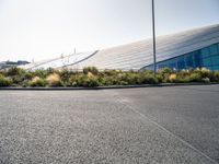 the bus is driving outside the large building in the city near some plants and grass