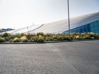 the bus is driving outside the large building in the city near some plants and grass