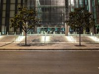 there are trees in front of the building at night, and some buildings in the background