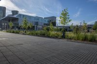 a city street surrounded by grass and tall buildings at the end of a street there is a paved pathway in front of the building