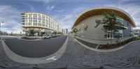 three circular panoramas show a parking lot and buildings with modern design and unique architecture