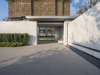 a building is surrounded by landscaping and plants on the concrete pathway of a driveway, next to a tree