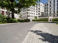 a cobblestone path between two residential buildings with trees and hedges in the foreground