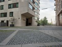 an empty walkway and small planters along a street between buildings and trees in the background