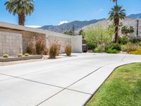 a driveway leading into a home with palm trees in the background and mountains beyond the driveway