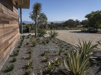 a home with plants on a gravel ground next to a building and mountains in the background