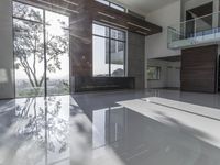 a room with a big window and large white tile flooring area area and two sets of windows with wooden walls