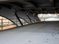 an overpass bridge with a sidewalk underneath it and a red fire hydrant next to it