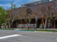 street corner with tree on the corner of the corner and a building behind it that is surrounded by multiple windows and a perforated brown lattice