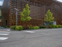 street corner with tree on the corner of the corner and a building behind it that is surrounded by multiple windows and a perforated brown lattice