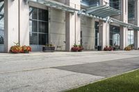 a sidewalk with flowers outside of the building with windows on it and plants in the containers next to it