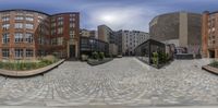 several photos of a city courtyard taken in a fish eye view mirror, taken in a panoramic way