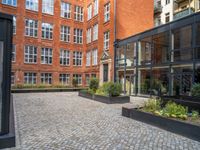 an empty parking lot with plants in the ground and on the side of the building, there is an enclosed area and windows