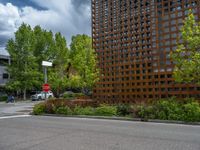 street corner with tree on the corner of the corner and a building behind it that is surrounded by multiple windows and a perforated brown lattice