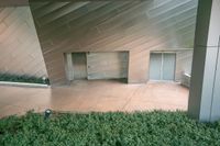 the courtyard of an indoor office has a stone wall and flooring with small bushes, plants