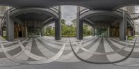 a series of spherical images of a courtyard outside of a building with a walkway between the buildings