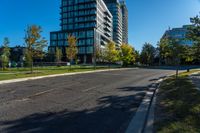 city streets with a building and many trees in front of it at daytime with blue sky