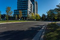 city streets with a building and many trees in front of it at daytime with blue sky