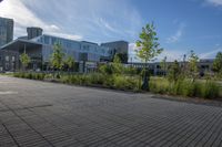 a parking lot with benches in front of it and buildings on either side of them