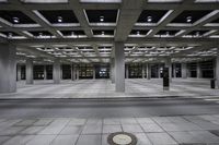 Monochrome Architectural Hall: Black Floor with Symmetrical Style