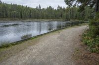 a trail running along the side of a lake in the woods near a wooded area