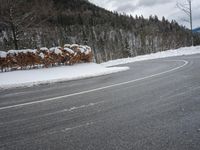 the road is surrounded by snow covered bushes and a hill in the distance is a body of water