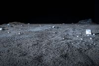 a view of rock and boulders on a dark moon surface, taken from a low angle