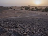 a truck on a dirt road in the desert with rocks and stones on the ground