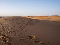 footprints and prints are in the sand dunes outside the sun, while a bright blue sky appears above