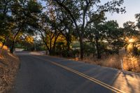 a motorcycle is driving down the road by a bunch of trees at dusk on a clear day