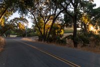 a motorcycle is driving down the road by a bunch of trees at dusk on a clear day