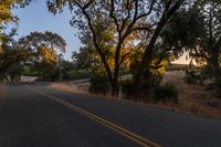 a motorcycle is driving down the road by a bunch of trees at dusk on a clear day