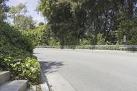 a person on a motorcycle rides down the road near some bushes and trees, passing by cars