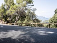 a side view of a long straight road, leading away from a bush next to a mountain