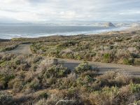 a person riding a red motorcycle on a road in an open field by the beach