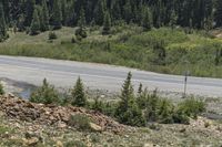 a motorcycle that is riding down a country road in a mountainous area by trees and mountains