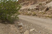 a person on a motorcycle on a gravel road with rocks and trees near them on the side