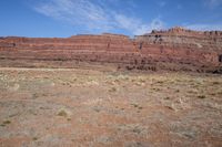 a lone red rock sits in the distance near a dry grass area and scrub area