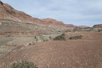 a person is standing near a rock in the desert wearing an orange jacket and blue jeans