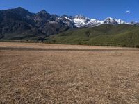 there is a man that is walking in the field with his horse in front of snow capped mountains