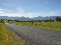 a road leads to the horizon surrounded by green trees and grass and mountains in the distance