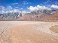 a mountain range in the distance with a road near by and one animal walking in the sand