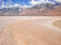 a mountain range in the distance with a road near by and one animal walking in the sand